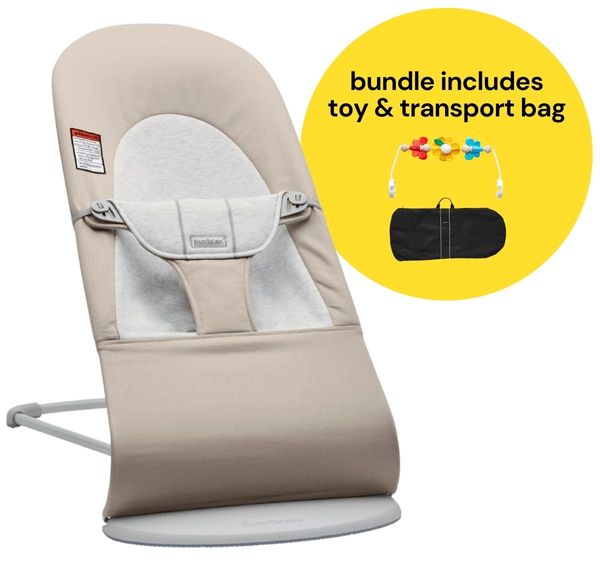 BabyBjorn Bouncer + Flying Friends Toy Bar + Transport Bag Bundle - Balance Soft, Cotton / Jersey Beige / Grey