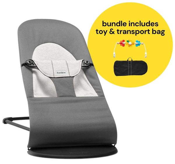 BabyBjorn Bouncer + Flying Friends Toy Bar + Transport Bag Bundle - Balance Soft, Cotton / Jersey Dark Grey / Grey