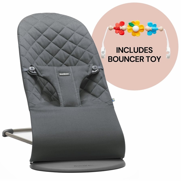 BabyBjorn Bouncer + Toy Bundle - Bliss (Quilted Cotton) Anthracite / Flying Friends