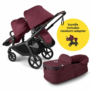 Bugaboo Kangaroo All-Position Newborn Double Stroller Bundle - Black / Dark Cherry / Dark Cherry