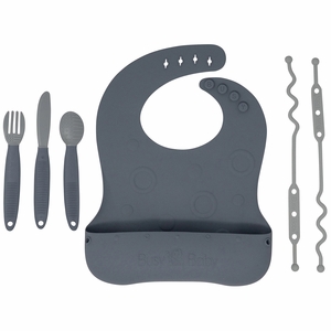 Busy Baby Bungee Bib & Utensil Bundle - Pewter