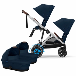 Cybex eGazelle S Twin Stroller + Cot Bundle - Silver Frame / Ocean Blue