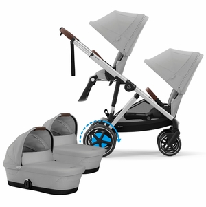 Cybex eGazelle S Twin Stroller + Cot Bundle - Silver Frame / Stone Grey