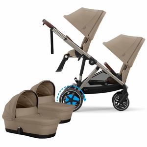 Cybex eGazelle S Twin Stroller + Cot Bundle - Taupe Frame / Almond Beige