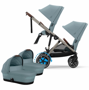 Cybex eGazelle S Twin Stroller + Cot Bundle - Taupe Frame / Stormy Blue