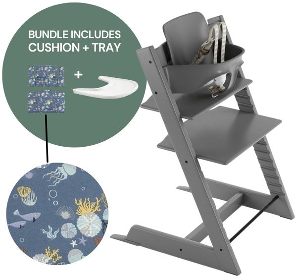 Tripp Trapp High Chair and Cushion with Stokke Tray -- Storm Grey / Into the Deep